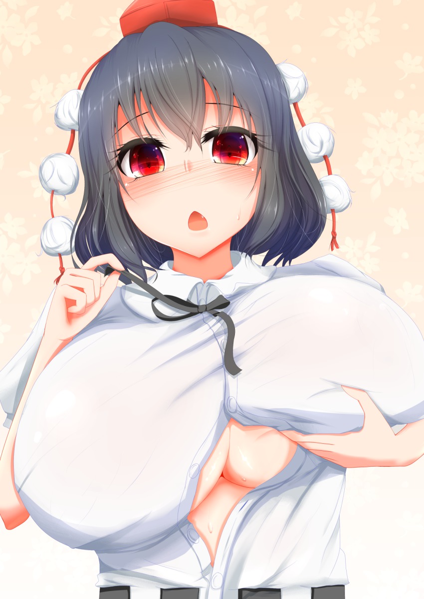 gelbooru.com 2912425 1girl black_hair blush breast_hold breast_lift breasts fang hat highres huge_breasts sample.jpg