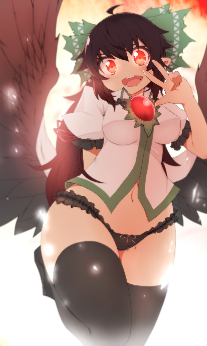 gelbooru.com 4096989 1girl d ahoge bird_wings black_hair black_legwear black_panties black_wings blush sample.jpg