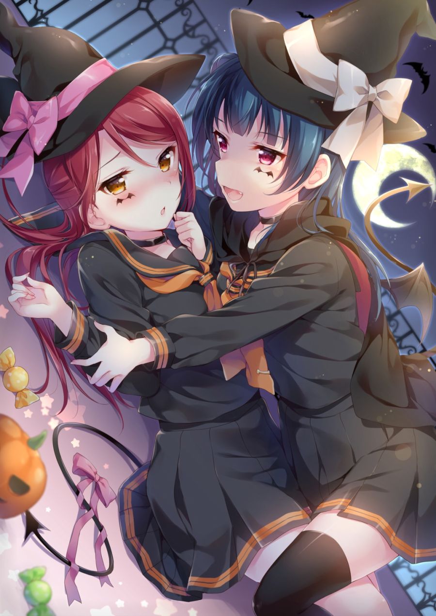 yande.re 488594 sample halloween hazuki_(sutasuta) love_live!_sunshine!! sakurauchi_riko seifuku symmetrical_docking tail tattoo thighhighs tsushima_yoshiko witch yuri.jpg