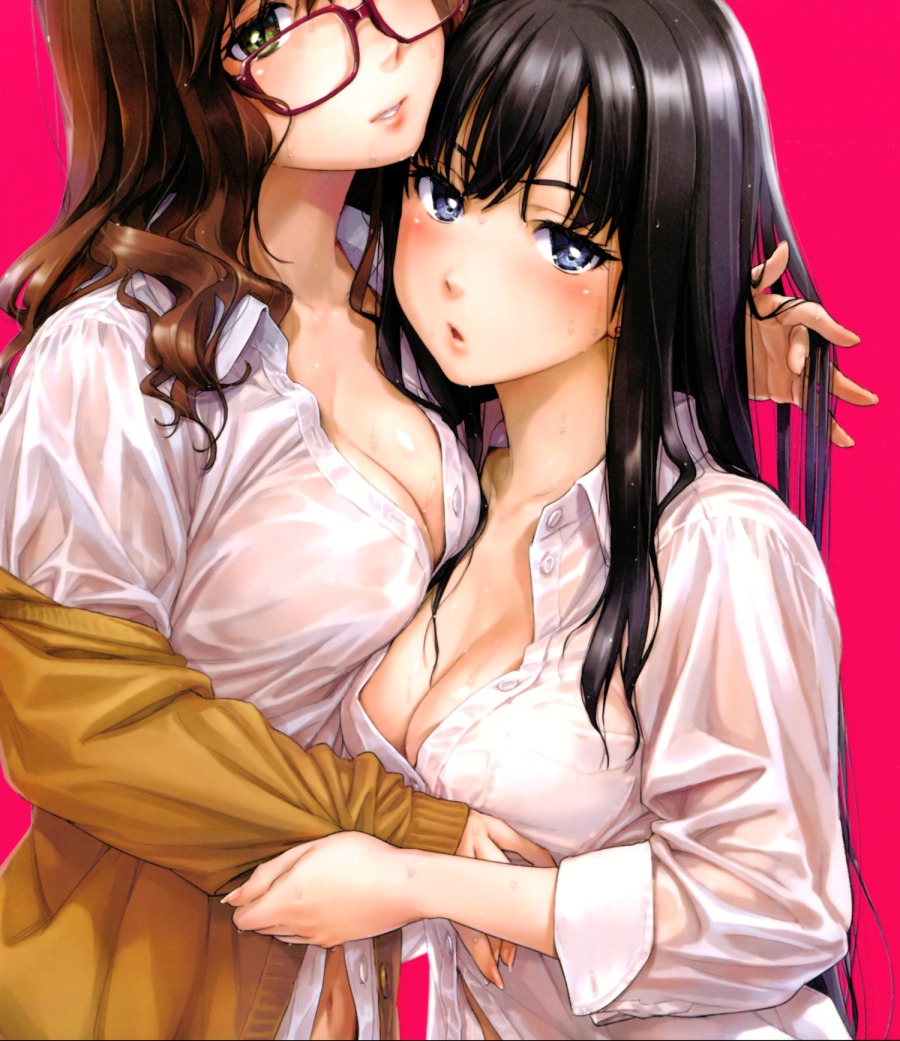 yande.re 526031 cleavage megane naruko_hanaharu no_bra open_shirt see_through seifuku sweater yuri.jpg