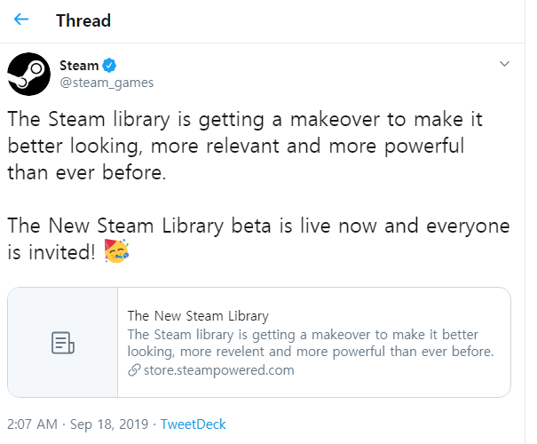 Steam on Twitter The Steam library is getting a makeover to make it better looking more relevant and more powerful than ever before The New Steam Library beta is live now and everyone is invited 🥳 https t c.png