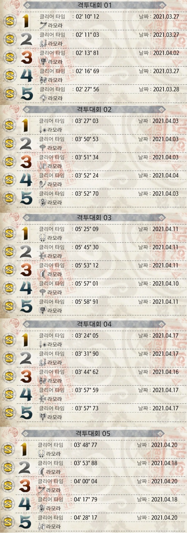 격투대회 솔로 올 s랭크 달성했습니다