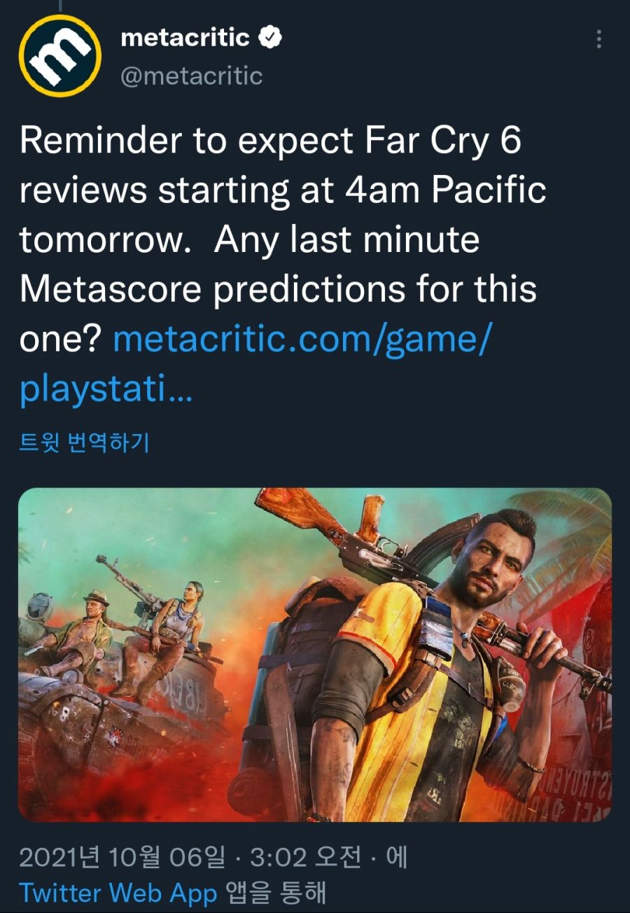 metacritic on X: Reminder to expect Far Cry 6 reviews starting at 4am  Pacific tomorrow. Any last minute Metascore predictions for this one?    / X