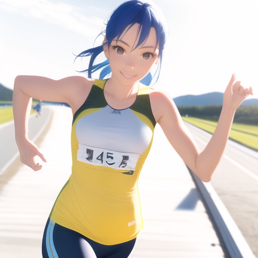 a running girl, realistic, masterpiece, sunshine, a fine view, a precise background, smile, blue hair s-570406507 (1강).png