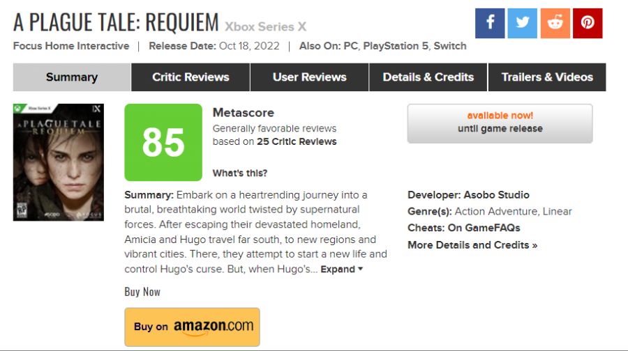 플래그 테일: 레퀴엠 XSX|S판 메타크리틱 등재 (주요 웹진 리뷰 점수)_1.png