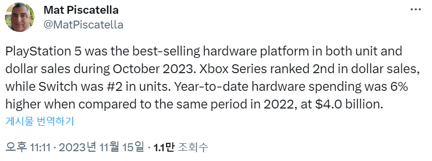 2023년10월 미국 콘솔 하드웨어 시장(판매량,매출)및 악세사리 시장(판매량)_1.png