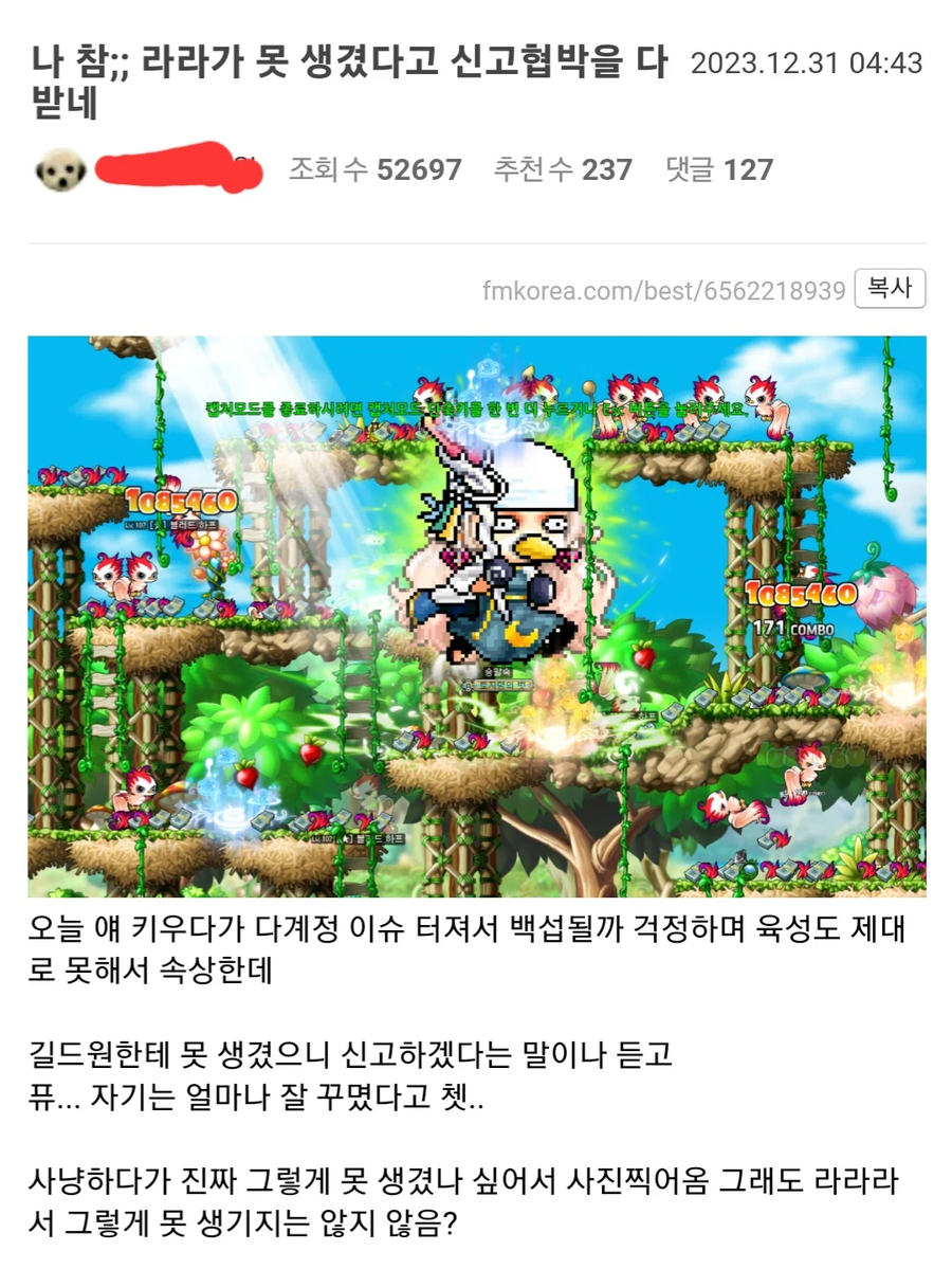 본인 캐릭터가 못생겨서 서러운 펨코인JPG