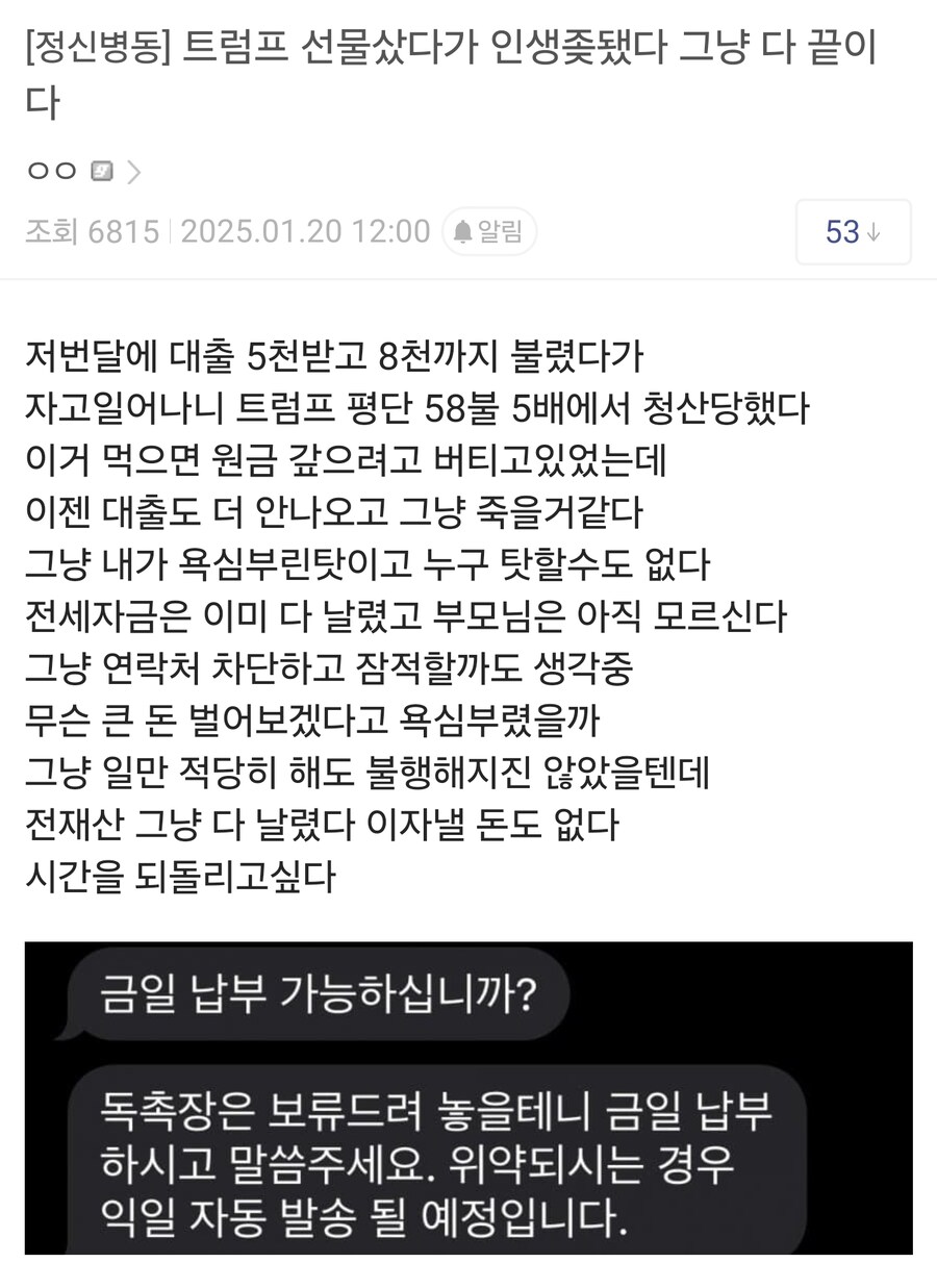 트럼프 코인 사서 전세자금 날린 후기