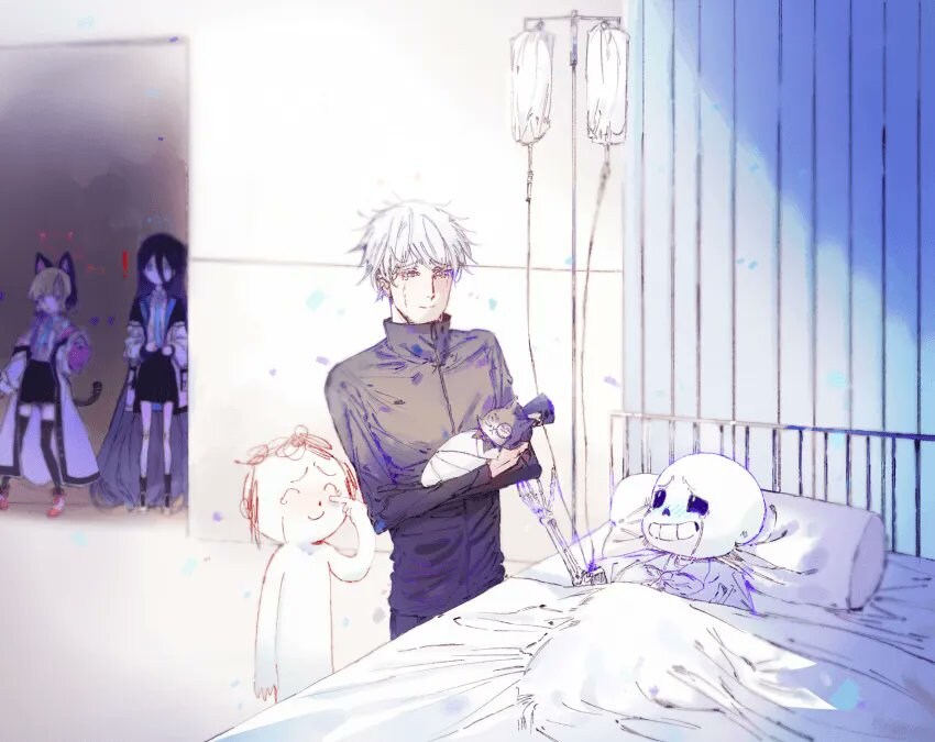 고죠 사토루와 센세가 사토루와 센즈 사이에서 나온 고즈를 센즈에게 보여주는 짤_1.jpg