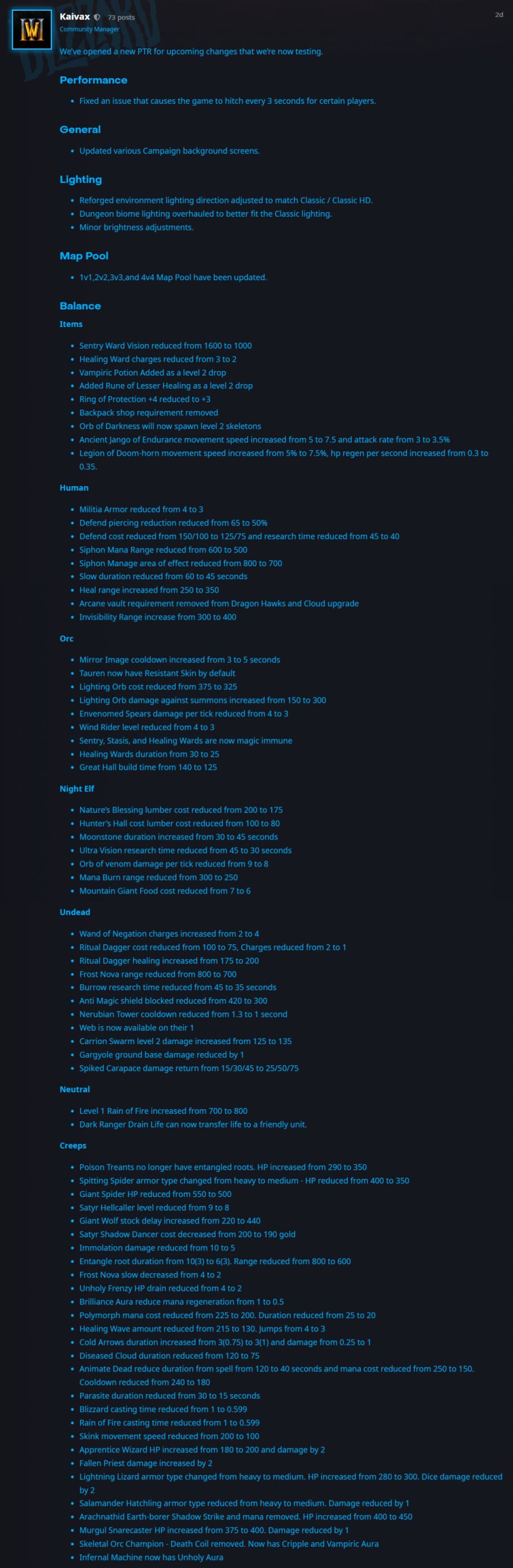 워크래프트 III 리포지드 PTR 1 밸런스 패치 노트 버전 202