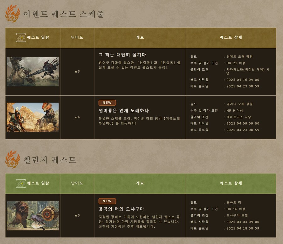 몬스터 헌터 와일즈 이벤트 퀘스트 배포 및 배포 스케쥴 갱신_2.png