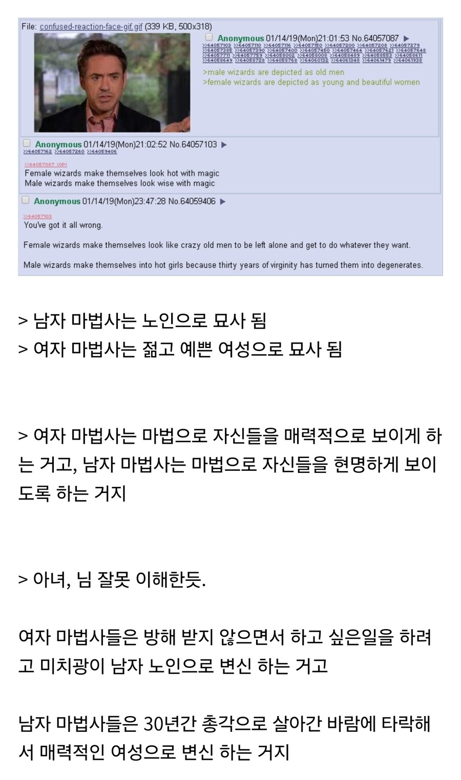 "왜 남자 마법사는 늙은이고 여자 마법사는 젊은이임?"