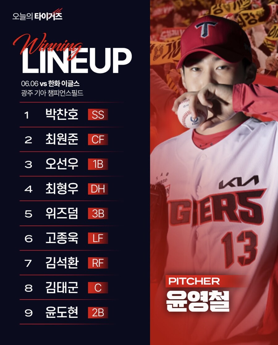 6월 6일 금 기아 vs 한화 기아 라인업_1.jpg