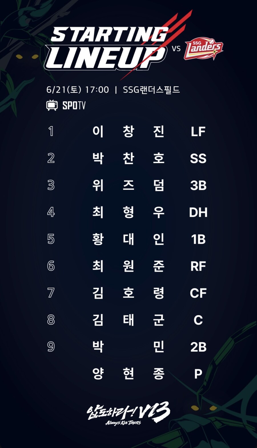 6월 21일 토 기아 vs SSG 기아 라인업_1.jpg
