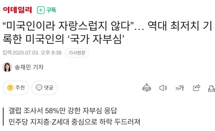 “미국인이라 자랑스럽지 않다”… 역대 최저치 기록한 미국인의 ‘국가 자부_1.jpg