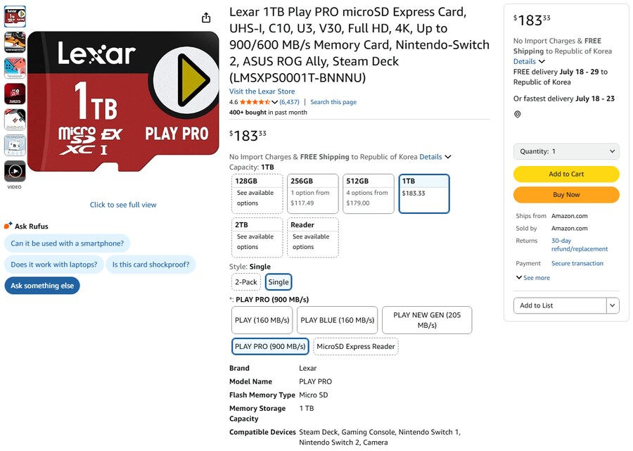 [Amazon] Lexar microSD ex 1Tb / 183달러 (25만원)_1.png