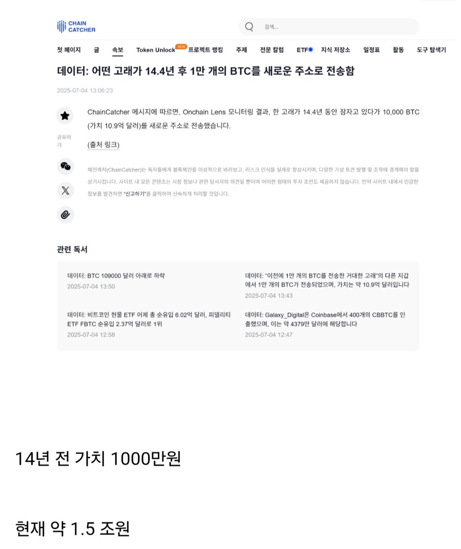 14년 만에 비트 코인 10000개 활성화