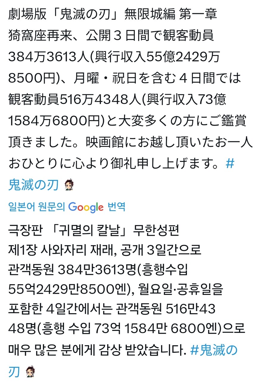 귀멸의 칼날 무한성편 첫주성적 73억엔 돌파_1.jpg