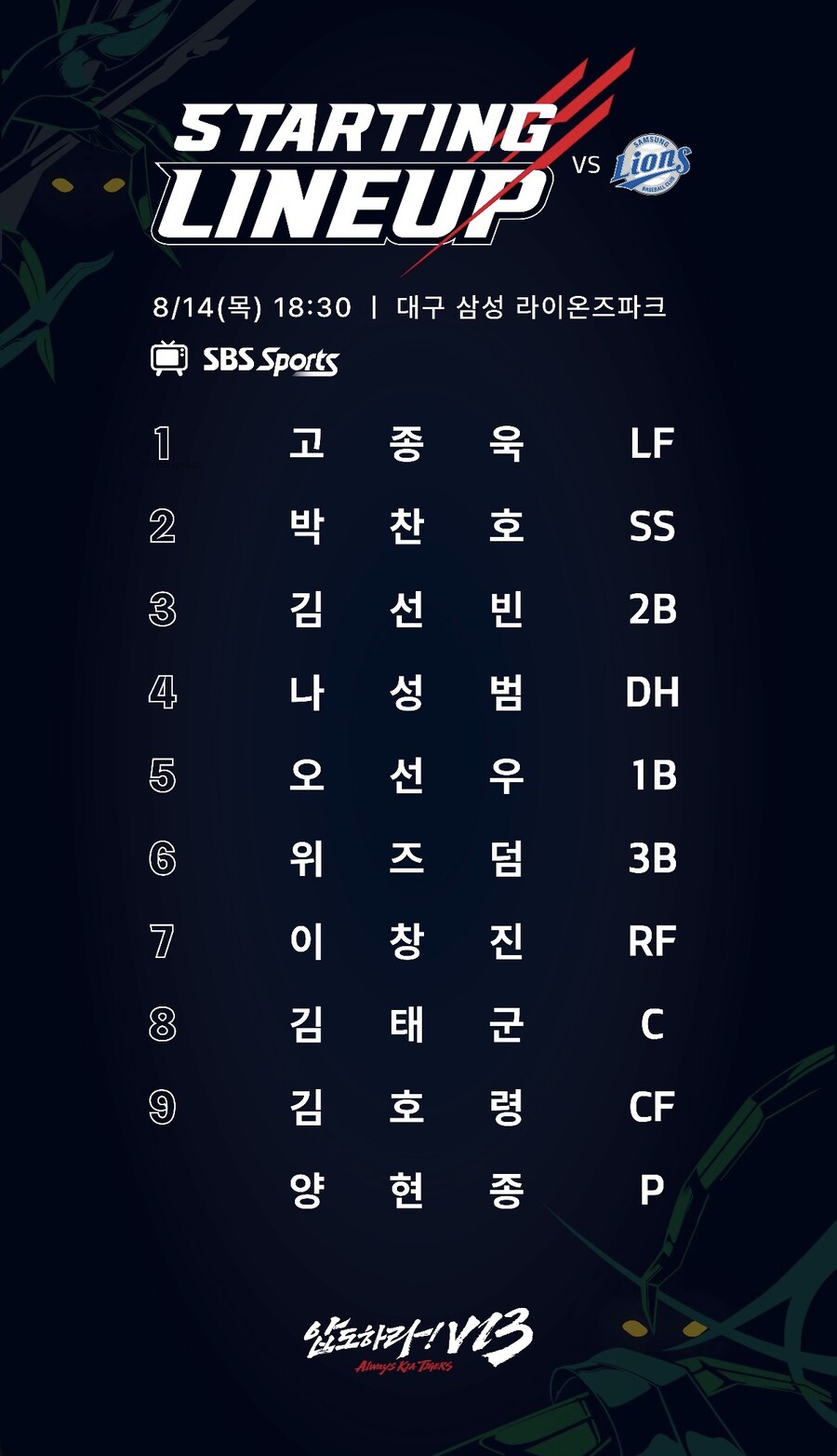 8월 14일 목 / 기아 vs 삼성 / 기아 라인업_1.jpg