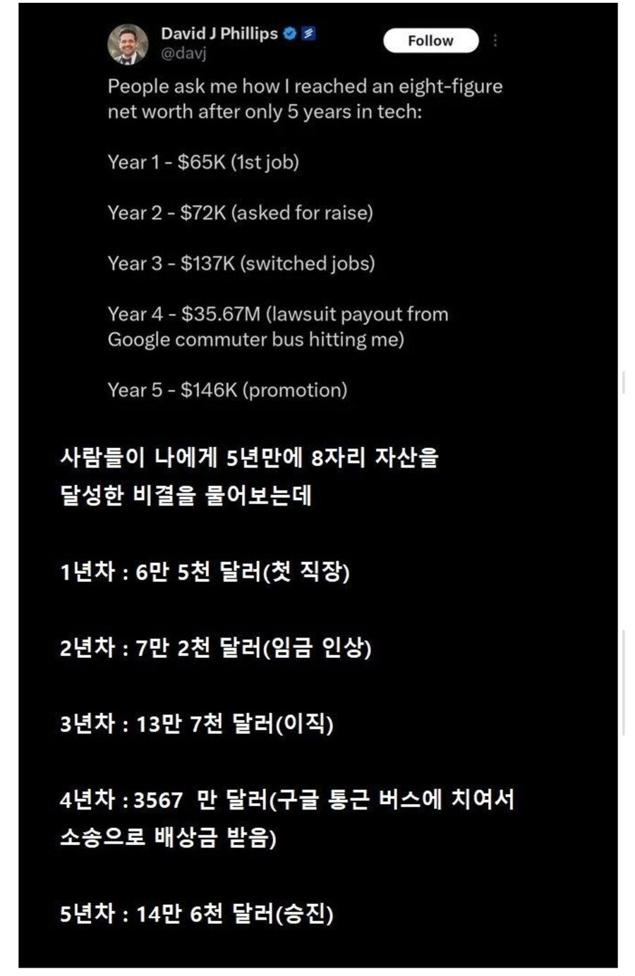 외국인이 알려주는 5년만에 3천만 달러 버는 방법