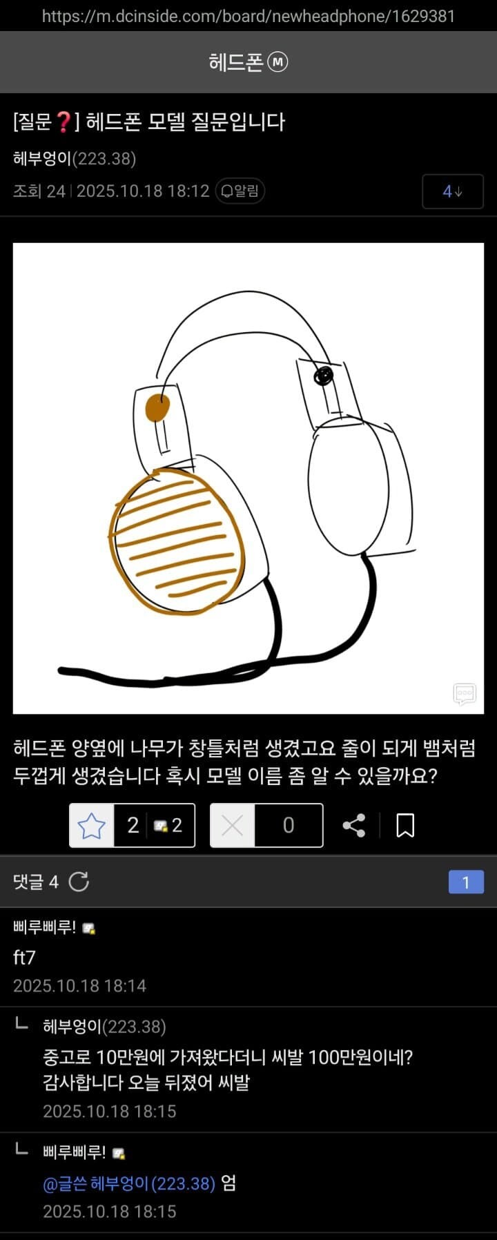 오늘 디시 헤드폰 갤러리에 올라온 질문글