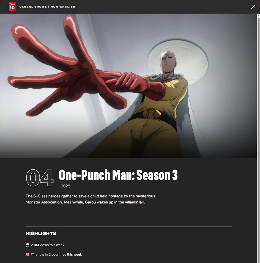 '원펀맨' 3기, 넷플릭스 비영어권 4위!_2.jpg