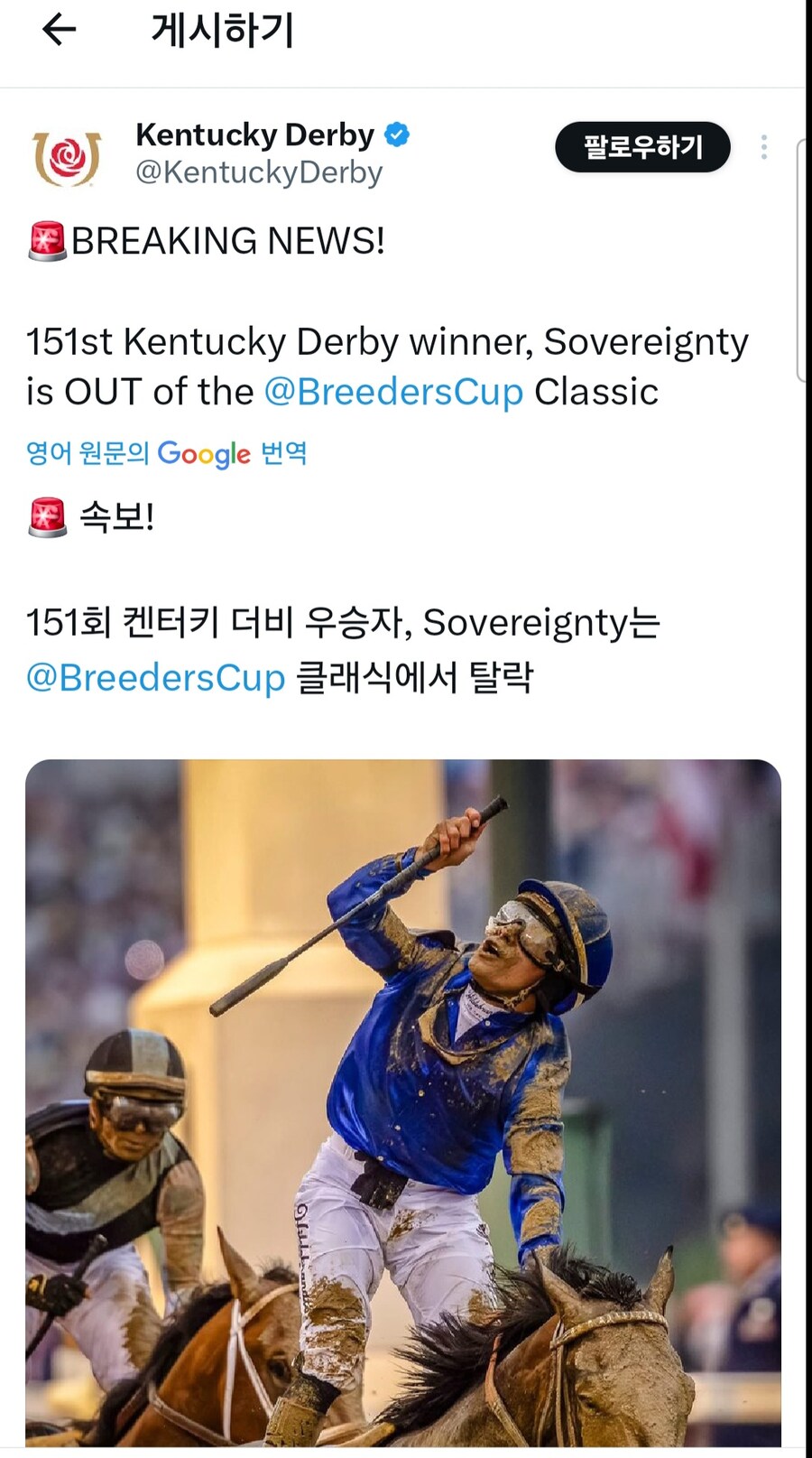 말딸,경마) 25'켄터키 더비마 소블린티, 브리더스컵 클래식 포기_1.jpg
