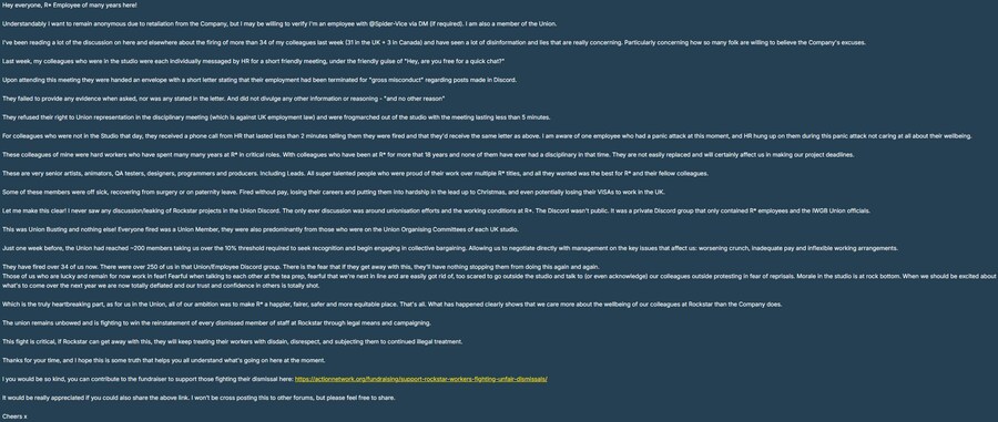 GTA 6 락스타 직원이 최근 노조 파괴 활동에 대해 게시한 글_1.png