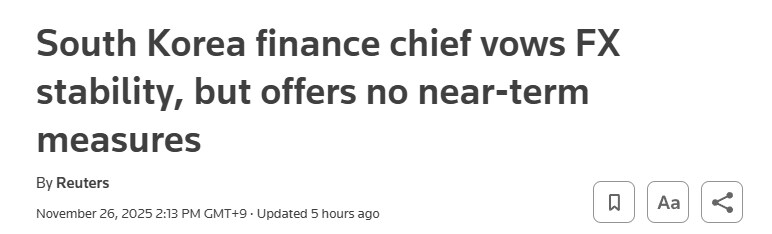로이터) 한국 재정수장, 환율 안정 언급했지만 단기 대책은 내놓지 않아_1.png