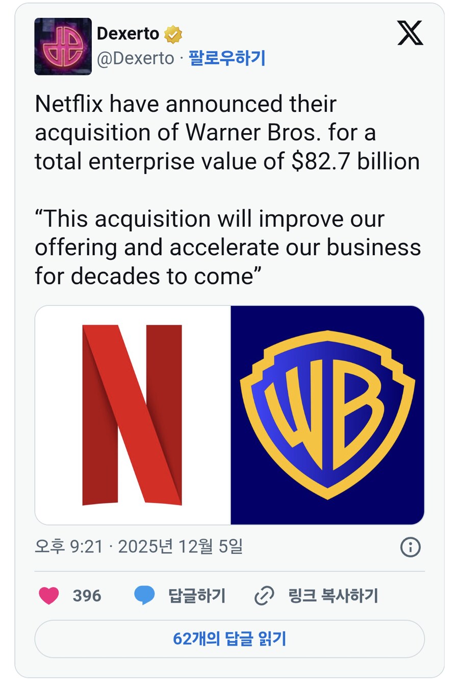넷플릭스 워너 브라더스를 827억 달러에 인수한다고 발표