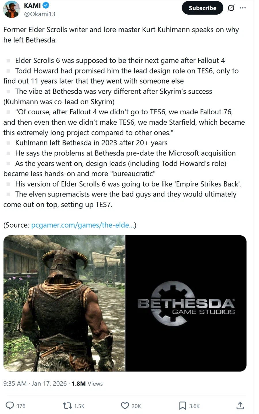 베데스다를 퇴사한 엘더스크롤 시리즈 작가의 트윗_1.webp
