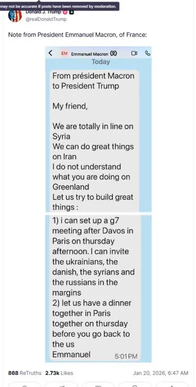 프랑스 대통령이 보낸 문자내역 노빠꾸로 SNS에 박제해버린 트럼프_1.webp