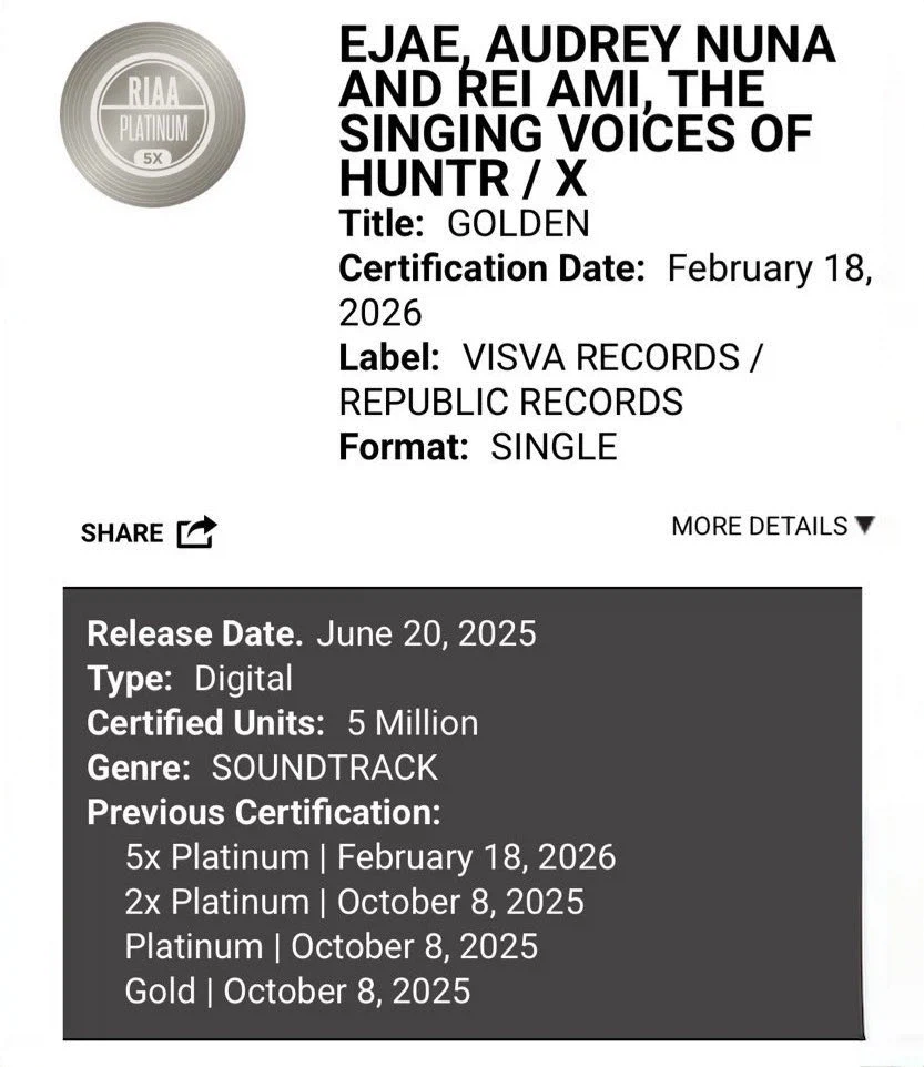 헌트릭스 '골든' 북미 5× 플래티넘 달성!_2.webp