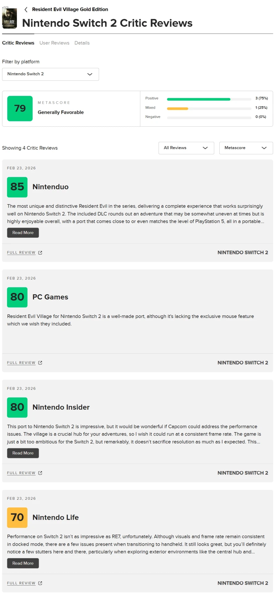 NS2 바이오하자드 빌리지 리뷰 점수, 메타크리틱 등재 및 플레이 영상_5.webp