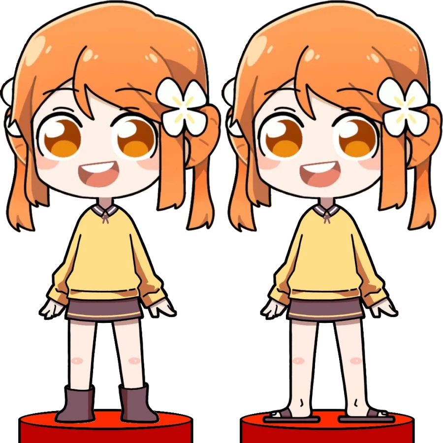 꽃핀 캐릭터 한여름 날씨에 긴팔 + 짧은 치마 + 맨다리 + 신발(장화➡️슬리퍼)_3.webp