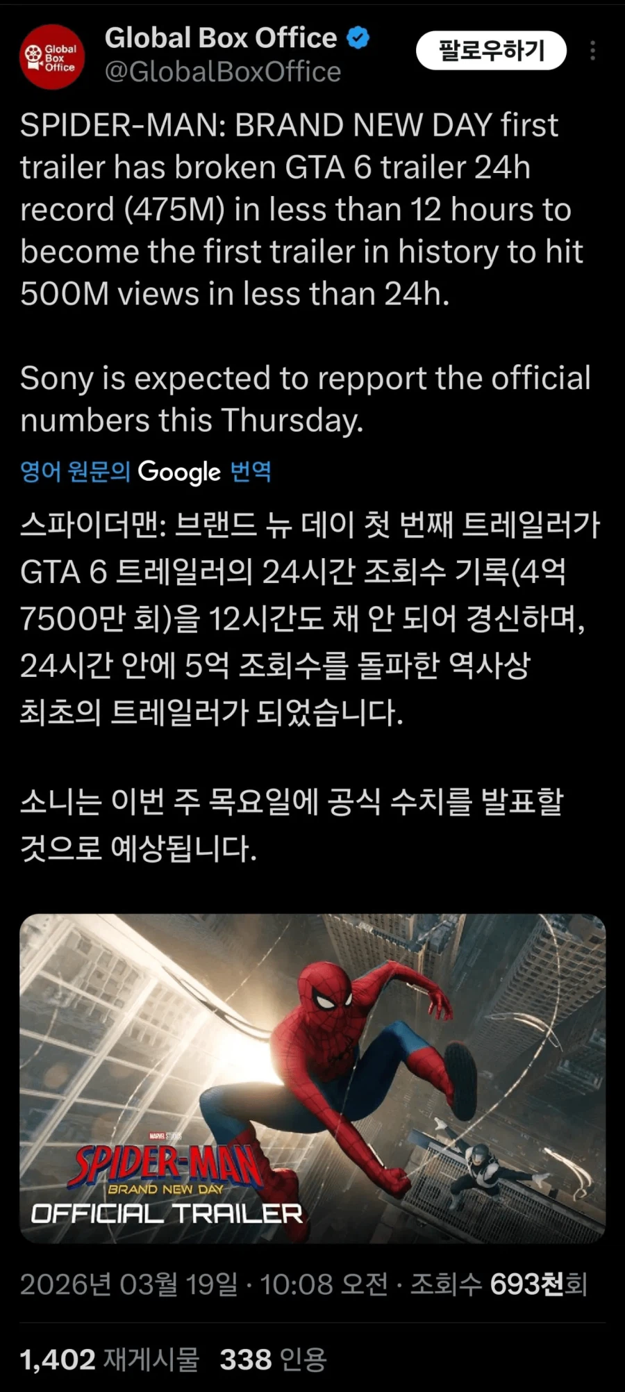 Mcu) 스파이더맨 브랜드 뉴 데이 조회수 기록 갱신_1.webp