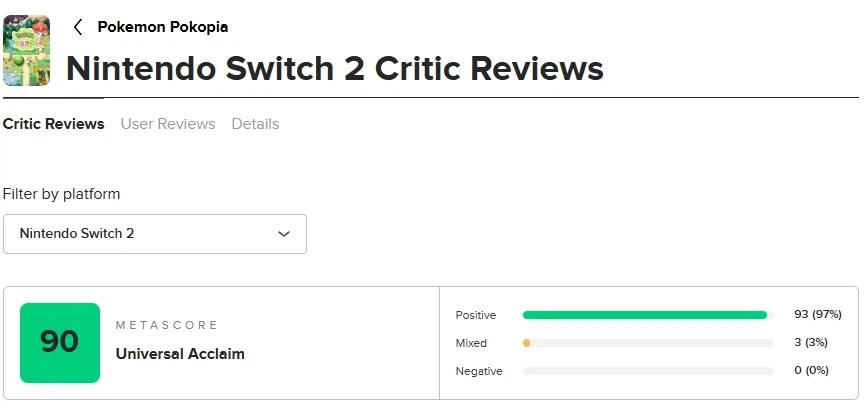포켓몬 포코피아 메타크리틱 점수 90점으로 상승_1.webp