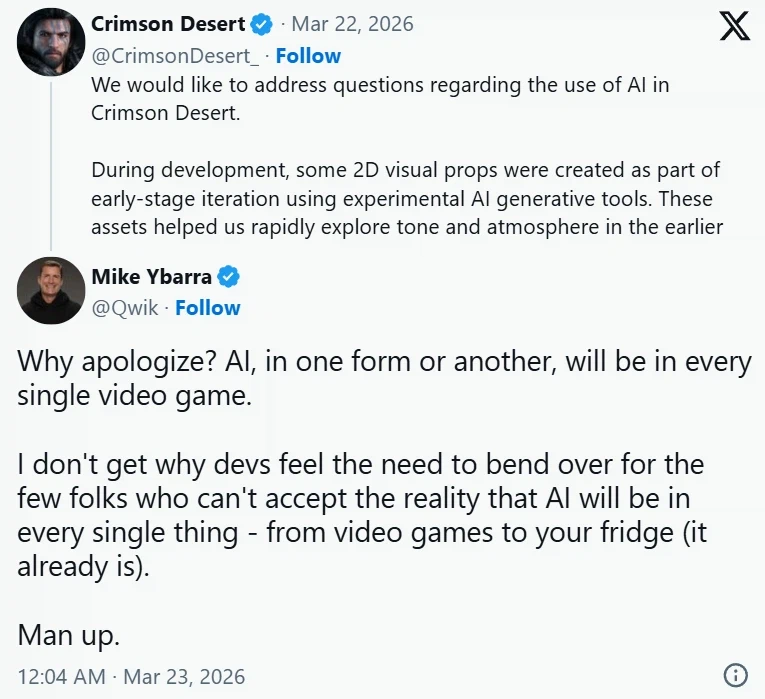 전 블리자드 사장, AI 사용 사과한 ‘붉은사막’ 개발진 비판_1.webp