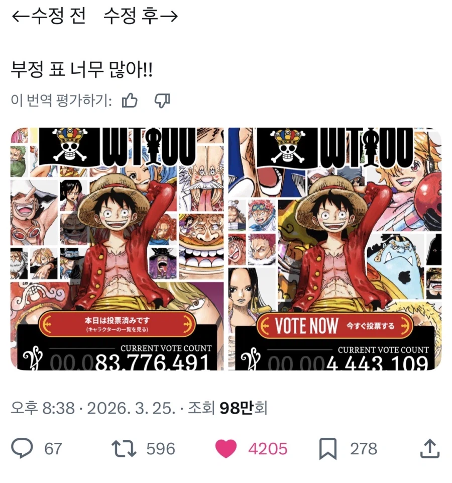 원피스 봇 잡는다 했던 인기 투표 근황_1.webp