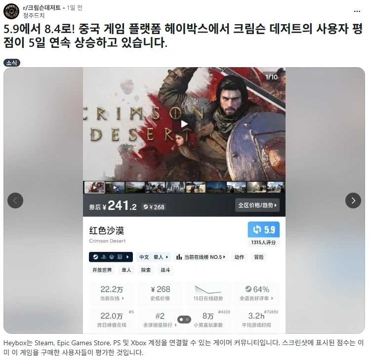 붉은사막) 중국 게임 커뮤니티 붉은사막 유저 평점 근황_1.webp