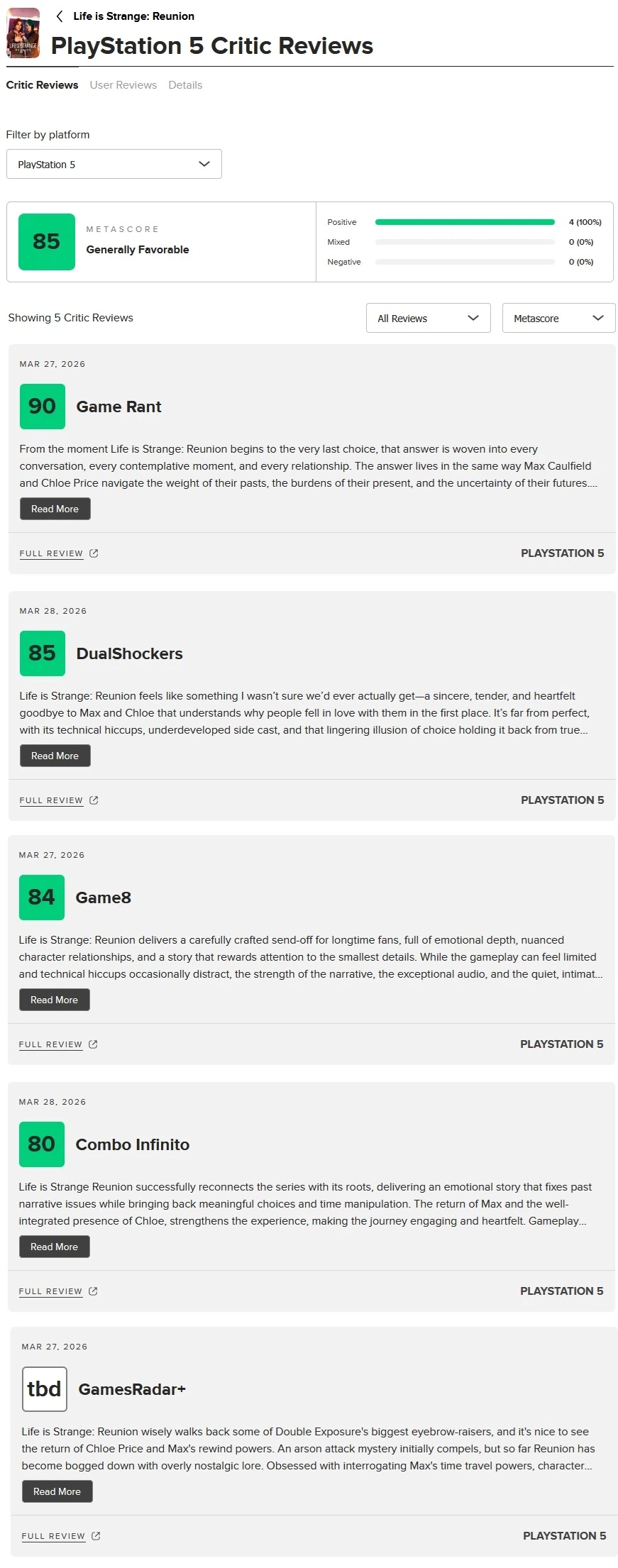 라이프 이즈 스트레인지: 리유니온 - 메타크리틱 점수 등재_1.webp