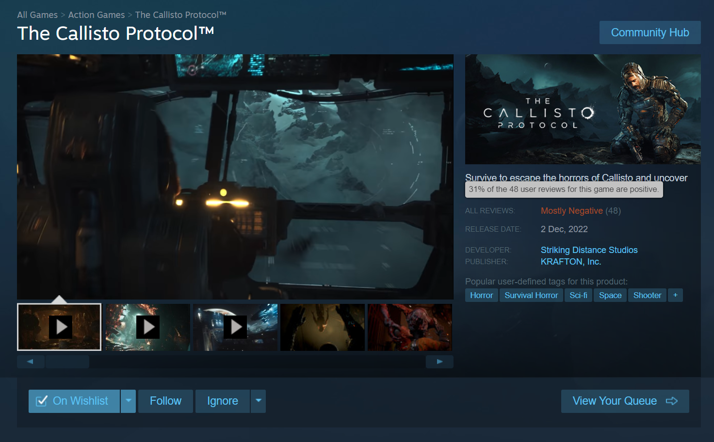 칼리스토 프로토콜 스팀 대체로 부정적