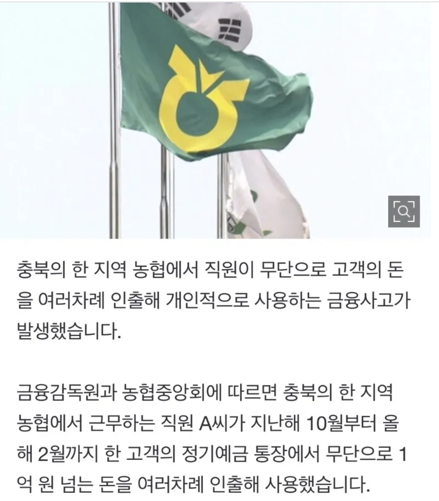 1억원 정기예금 직원이 무단인출 지역농협 또 금융사고