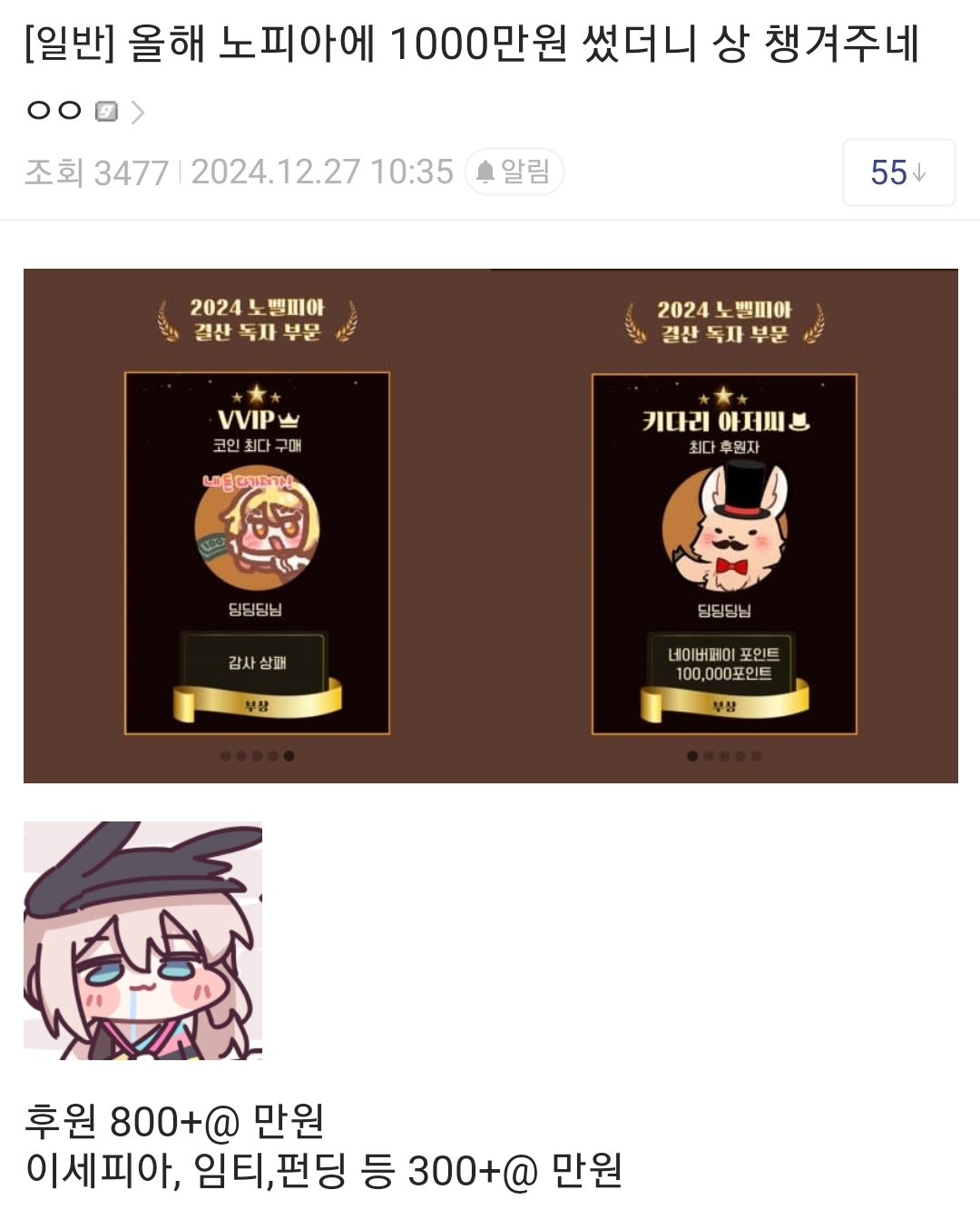 웹소설 작가 후원에 1년간 1000만 쓴 사람이 받은 상jpg