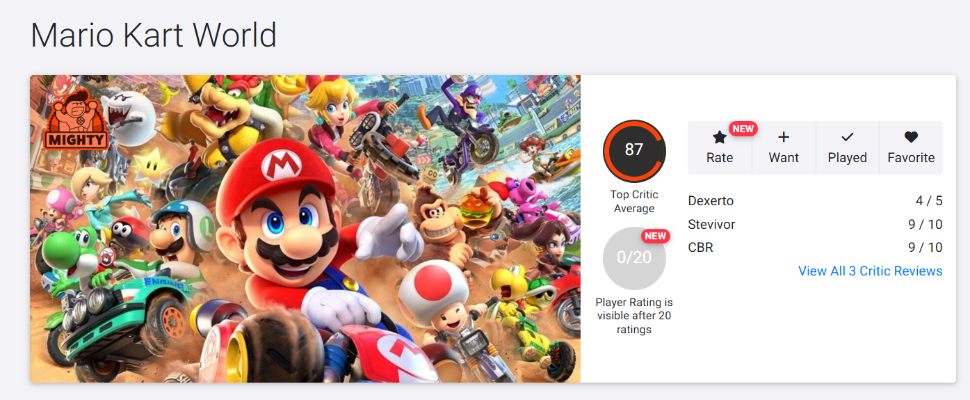 마리오 카트 월드 오픈크리틱 등재 신규리뷰 및 메타스코어 변동 유저 점수 등록